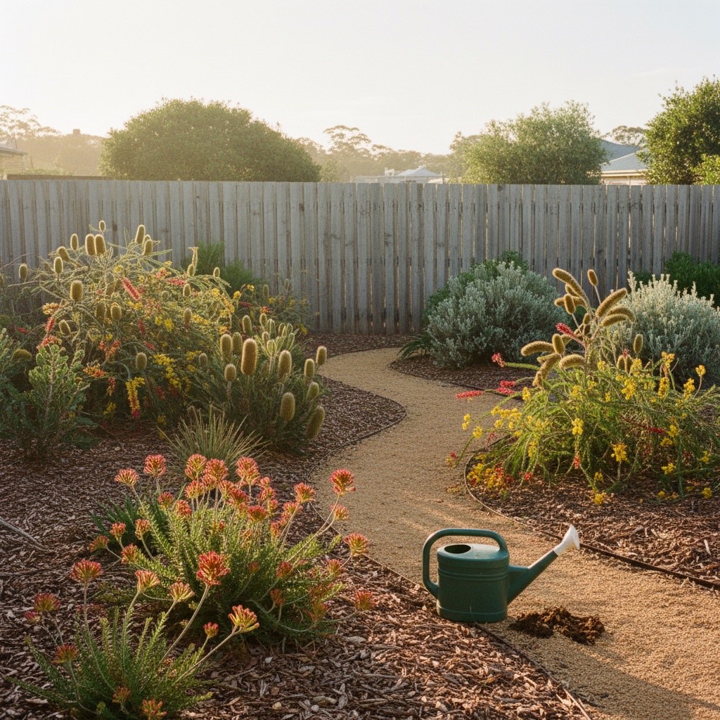 A suburban Australian backyard native garden in early evening light