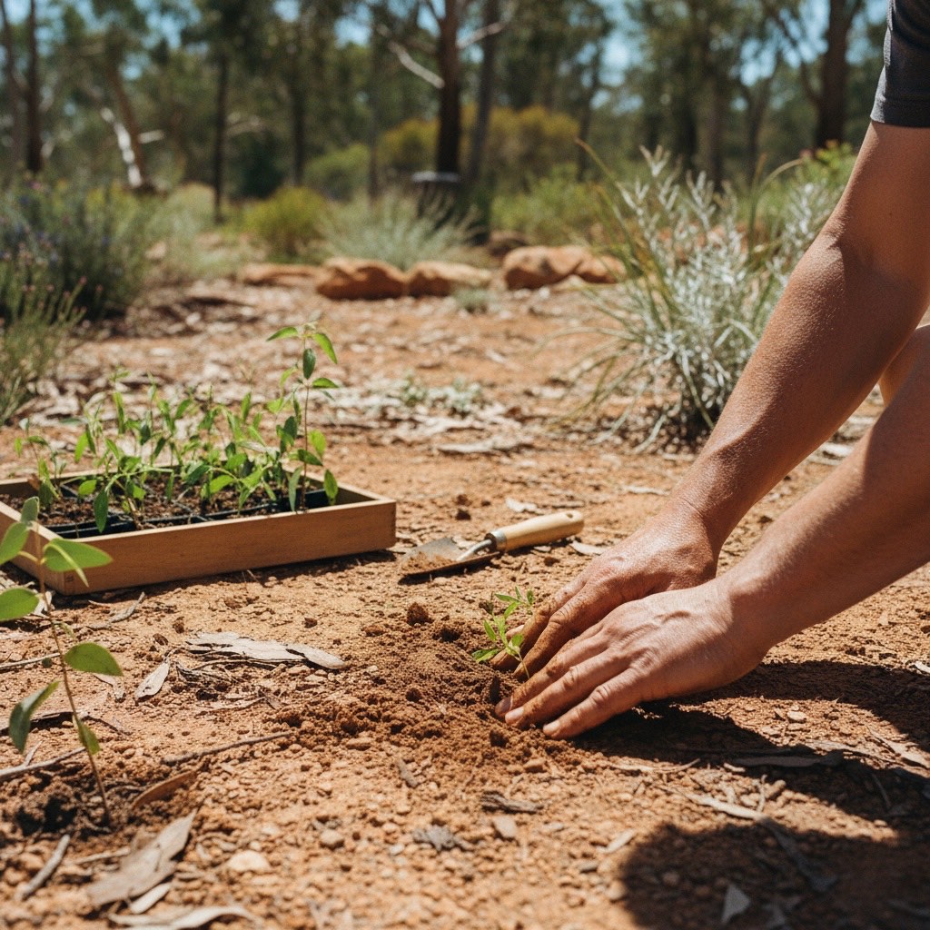 Hands pressing native seedlings into dry reddish soil