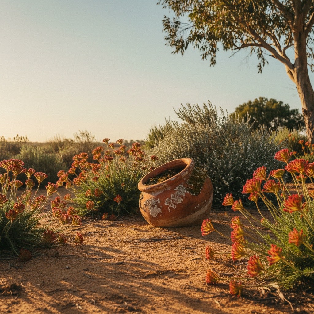 An Australian native garden in late afternoon light — kangaroo paw, westringia and a weathered terracotta pot beneath a gum tree