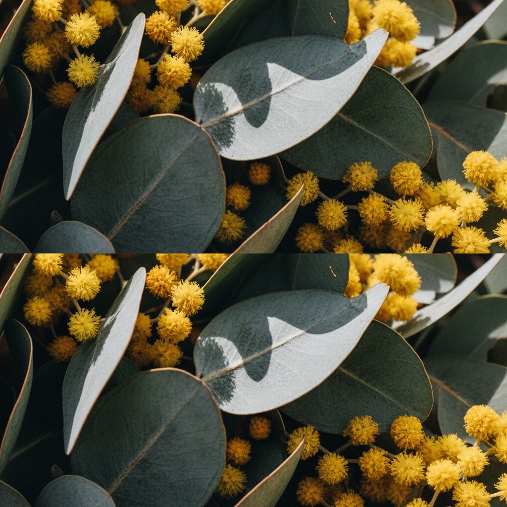 Eucalyptus leaves and wattle blossom
